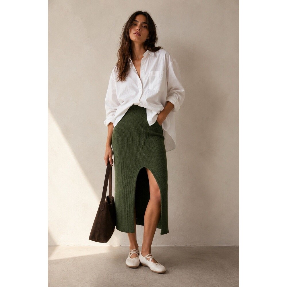 Free People Better Days Ribbed Knit Midi Skirt Green Front Slit Medium